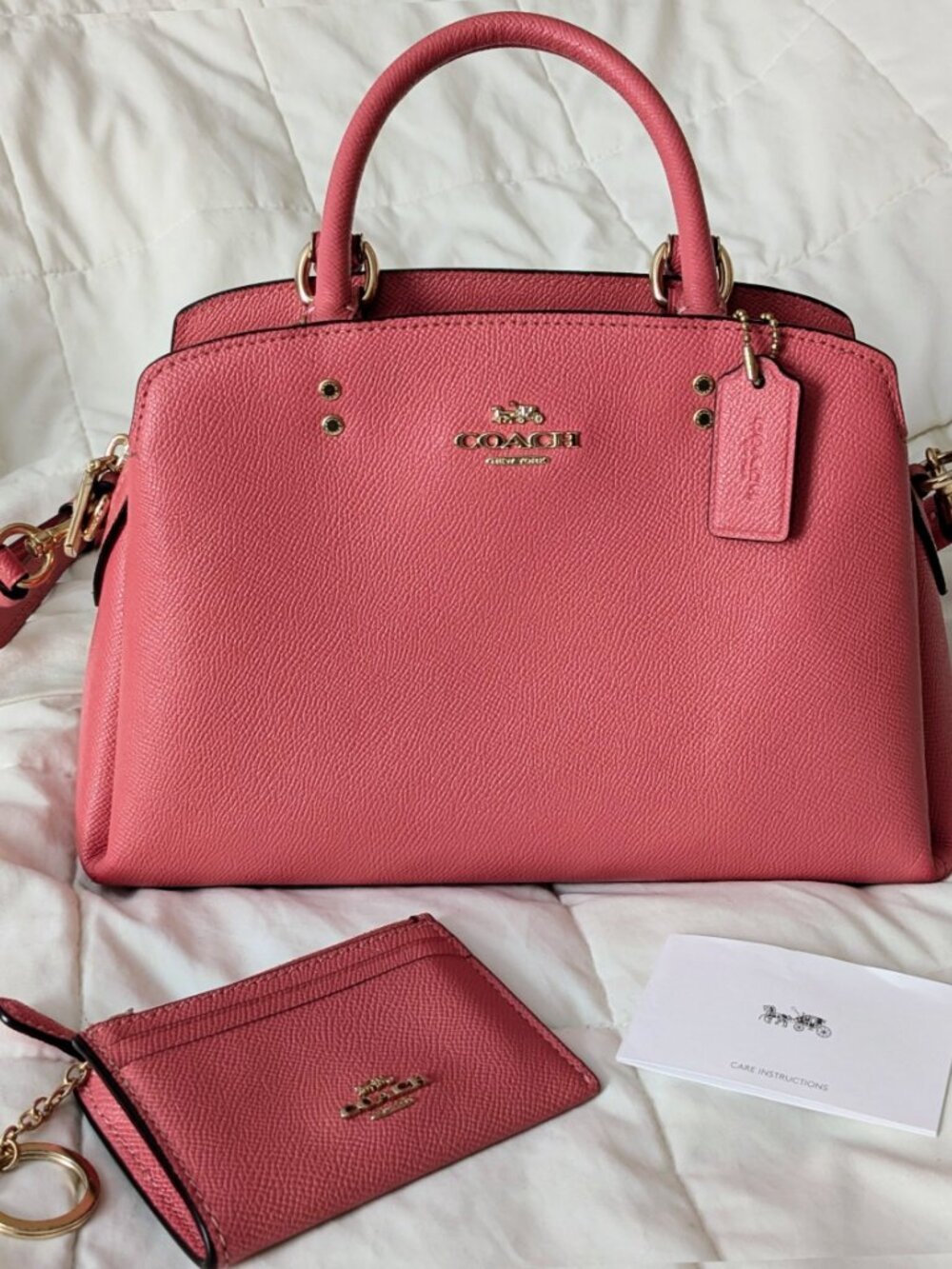 Coach Mini Lillie Carryall Handbag in Bright Coral Pink Salmon w/ ID Case 91146